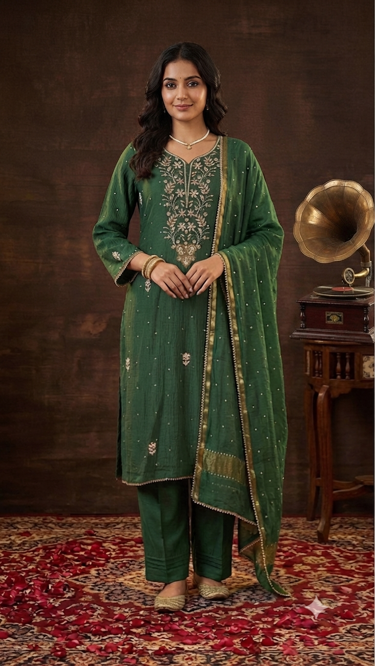 Mul Chanderi Ready to Wear Set with Pitta, Kasab, Pearl & Cutdana work in Forest Green