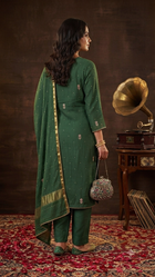 Mul Chanderi Ready to Wear Set with Pitta, Kasab, Pearl & Cutdana work in Forest Green