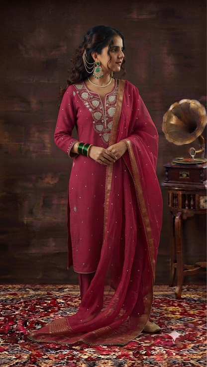 Mul Chanderi Ready to Wear sets with Pitta, Kasab and Cutdana work in Majenta