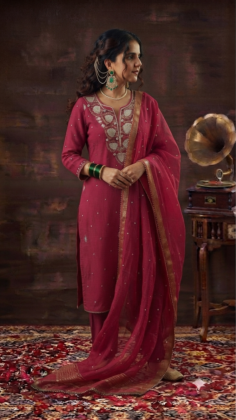 Mul Chanderi Ready to Wear sets with Pitta, Kasab and Cutdana work in Majenta