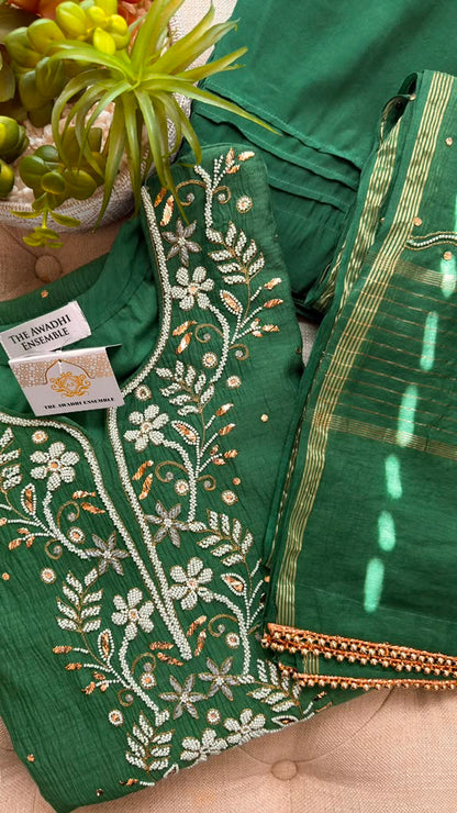 Mul Chanderi Ready to Wear Set with Pitta, Kasab, Pearl & Cutdana work in Forest Green