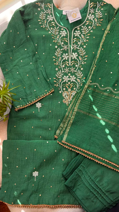 Mul Chanderi Ready to Wear Set with Pitta, Kasab, Pearl & Cutdana work in Forest Green