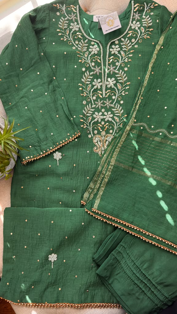 Mul Chanderi Ready to Wear Set with Pitta, Kasab, Pearl & Cutdana work in Forest Green