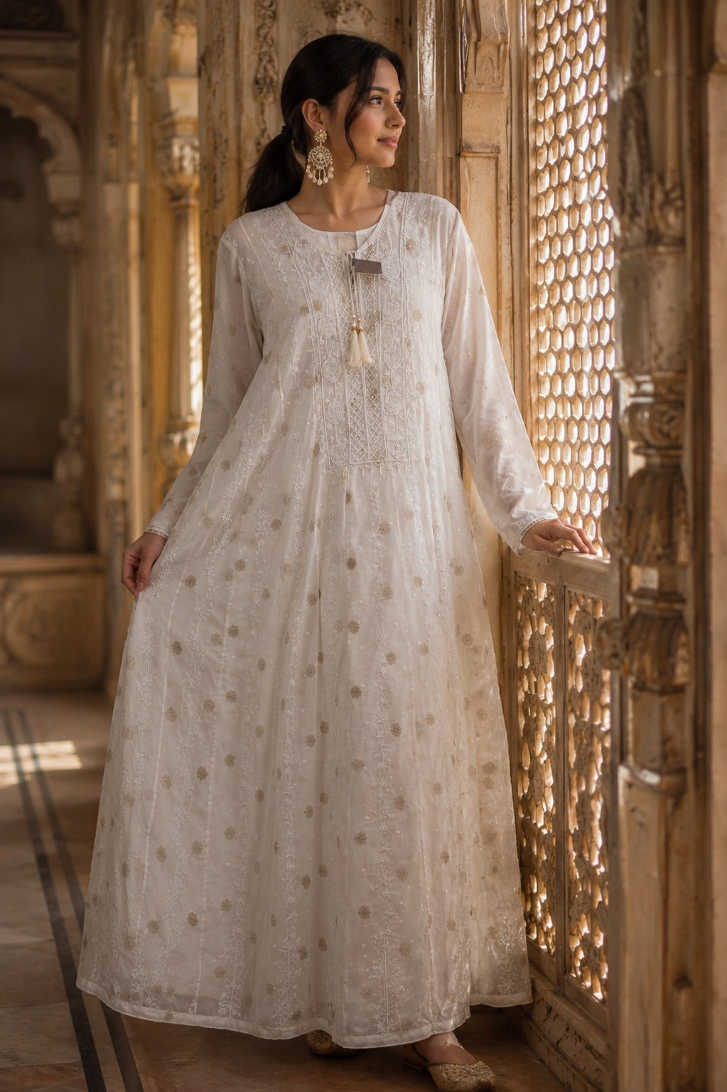Mul Chanderi Chikankari Anarkali with Banarasi bootis, pearl & cutdana embellishments- Ivory