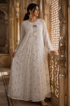Mul Chanderi Chikankari Anarkali with Banarasi bootis, pearl & cutdana embellishments- Ivory