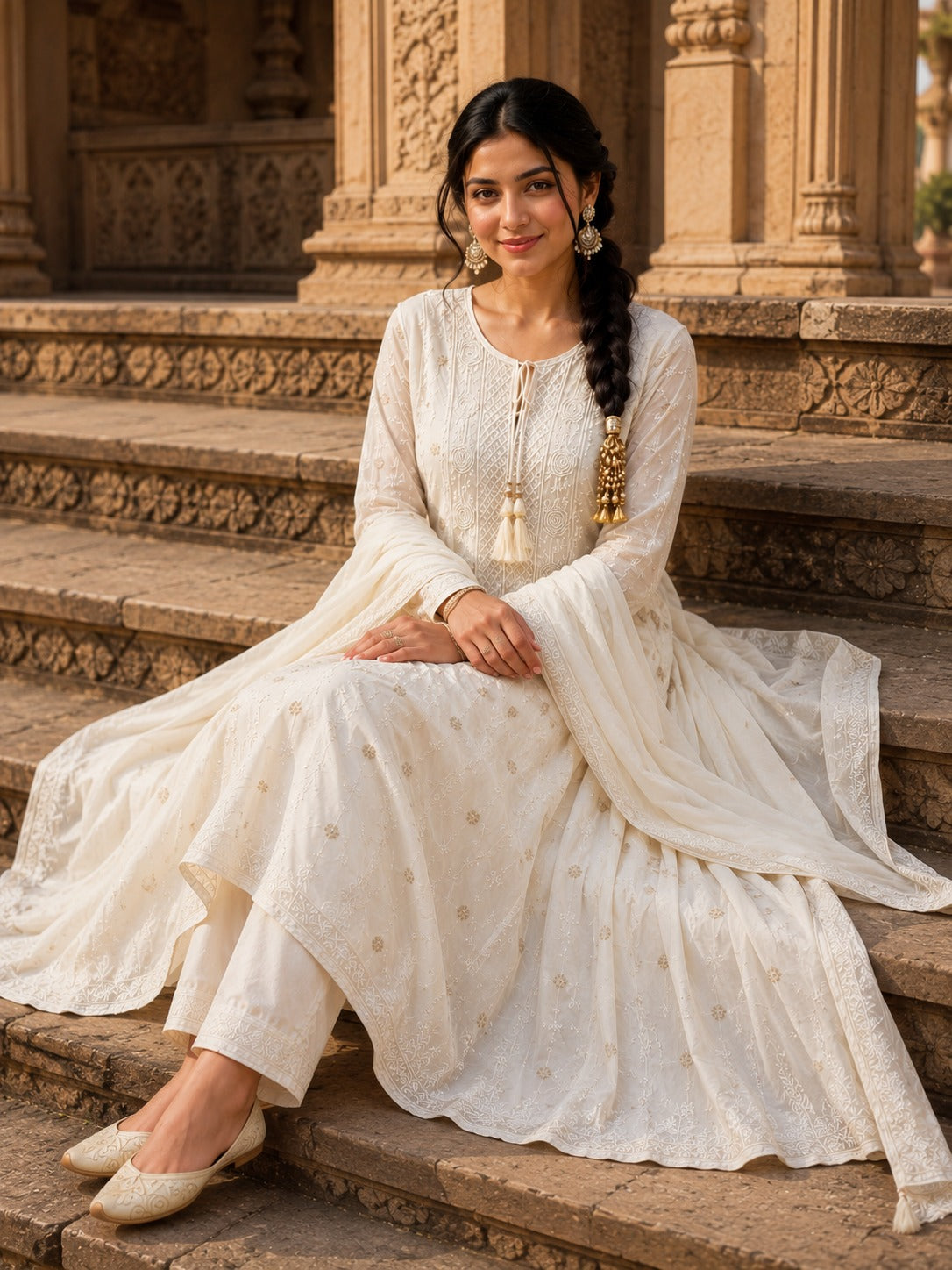 Mul Chanderi Chikankari Anarkali with Banarasi bootis, pearl & cutdana embellishments- Ivory