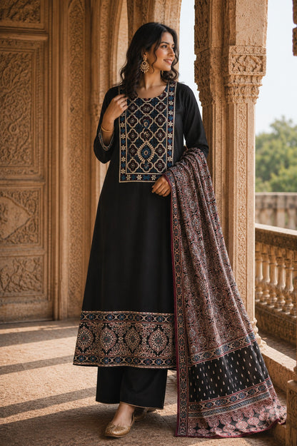 Black Ajrakh & Chikankari Suit Set – A Celebration of Two Timeless Indian Crafts