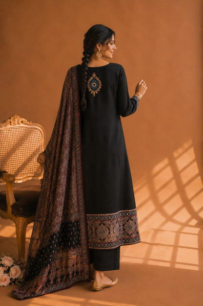 Black Ajrakh & Chikankari Suit Set – A Celebration of Two Timeless Indian Crafts
