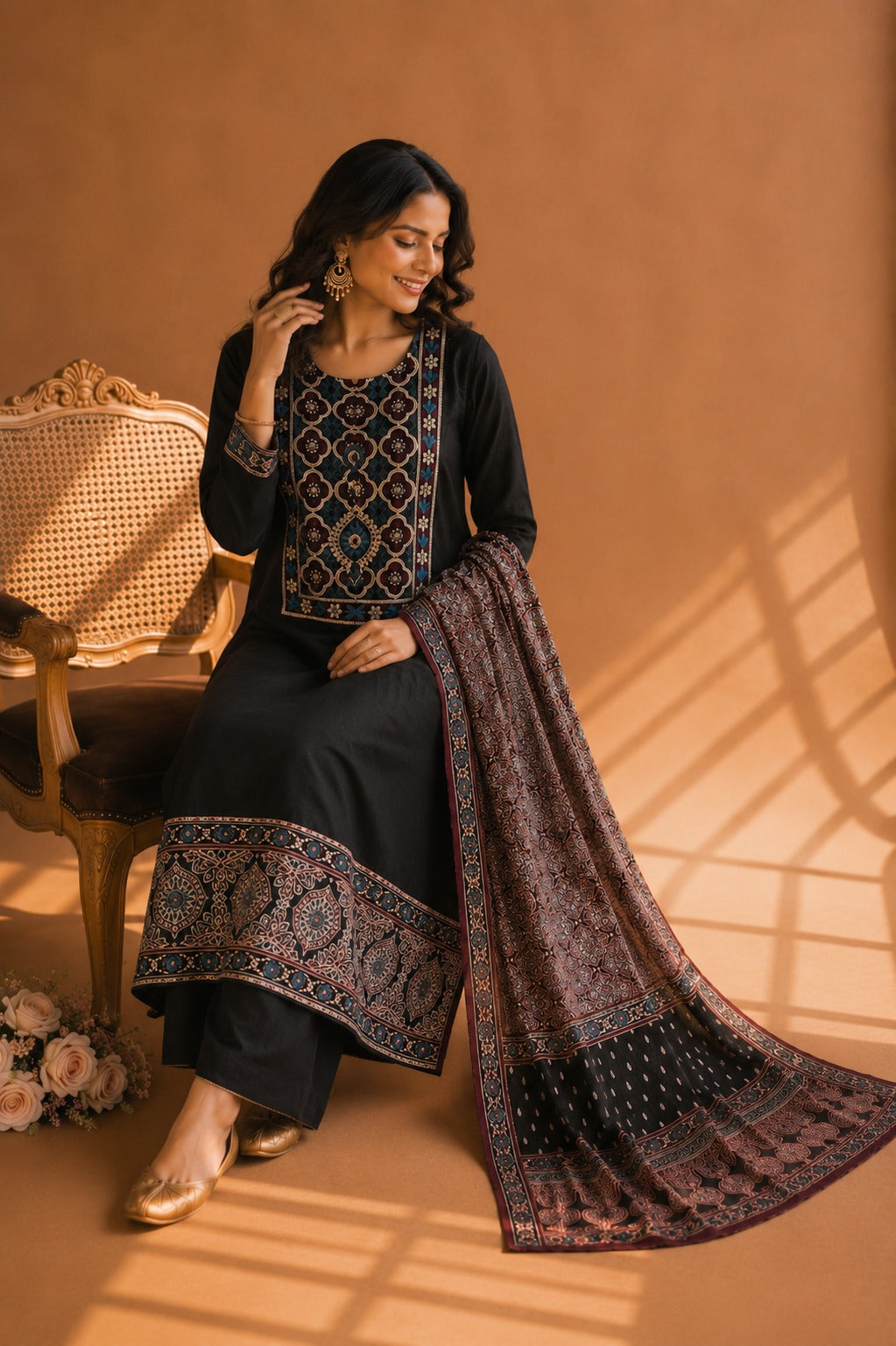 Black Ajrakh & Chikankari Suit Set – A Celebration of Two Timeless Indian Crafts