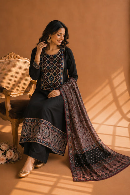 Black Ajrakh & Chikankari Suit Set – A Celebration of Two Timeless Indian Crafts