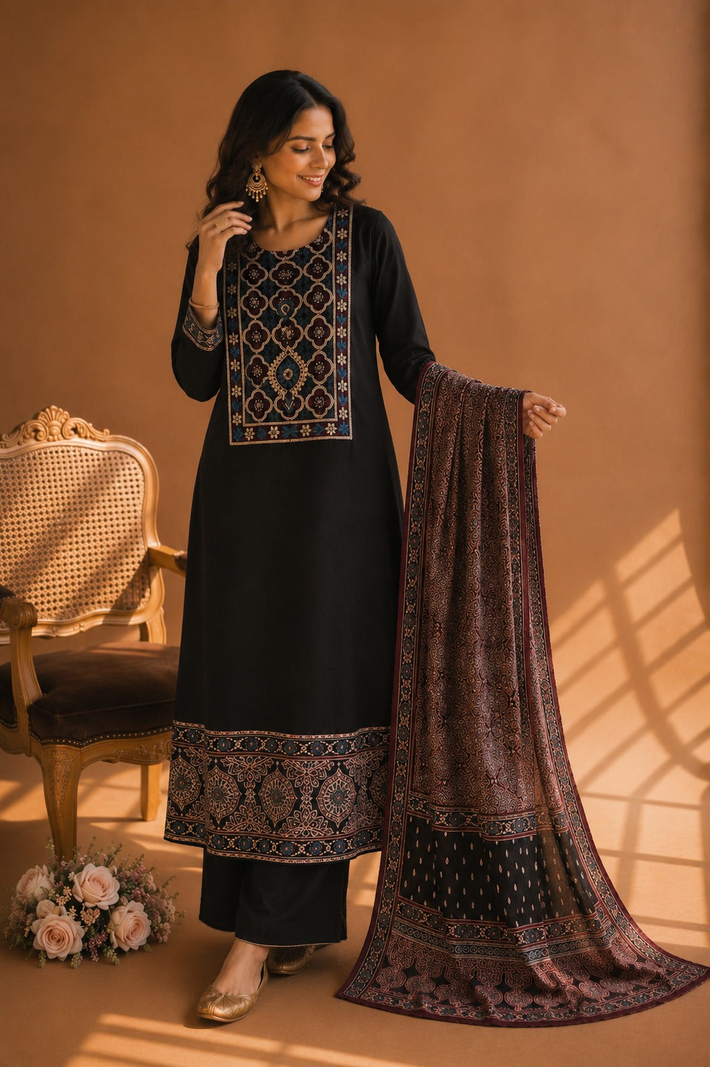 Black Ajrakh & Chikankari Suit Set – A Celebration of Two Timeless Indian Crafts