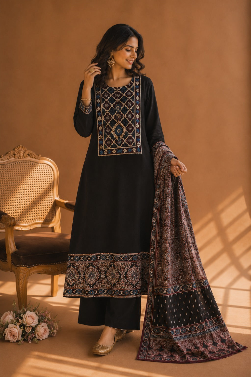 Black Ajrakh & Chikankari Suit Set – A Celebration of Two Timeless Indian Crafts