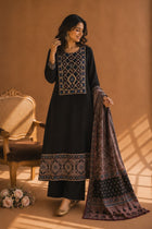 Black Ajrakh & Chikankari Suit Set – A Celebration of Two Timeless Indian Crafts