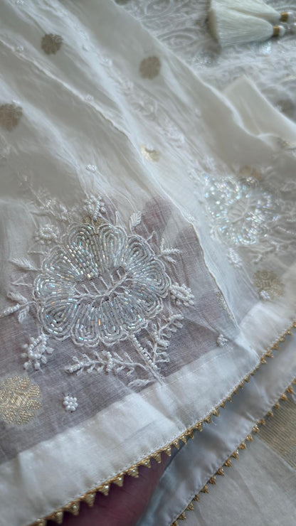 Mul Chanderi Chikankari Anarkali with Banarasi bootis, pearl & cutdana embellishments- Ivory
