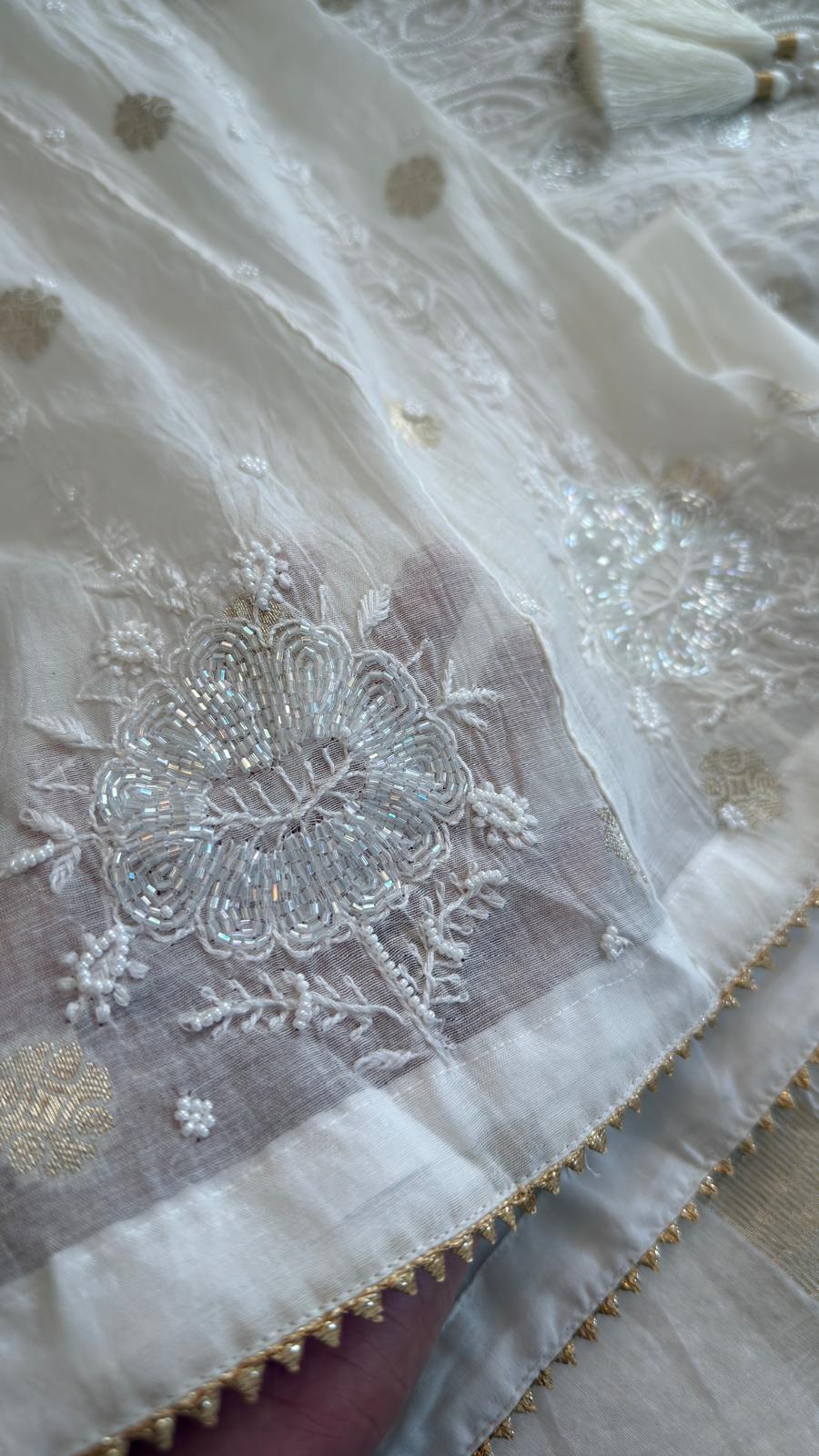 Mul Chanderi Chikankari Anarkali with Banarasi bootis, pearl & cutdana embellishments- Ivory