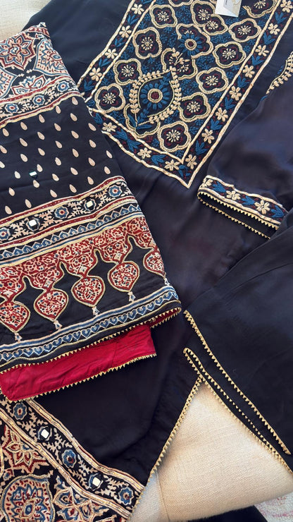 Black Ajrakh & Chikankari Suit Set – A Celebration of Two Timeless Indian Crafts