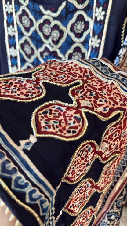 Black Ajrakh & Chikankari Suit Set – A Celebration of Two Timeless Indian Crafts