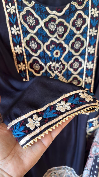 Black Ajrakh & Chikankari Suit Set – A Celebration of Two Timeless Indian Crafts