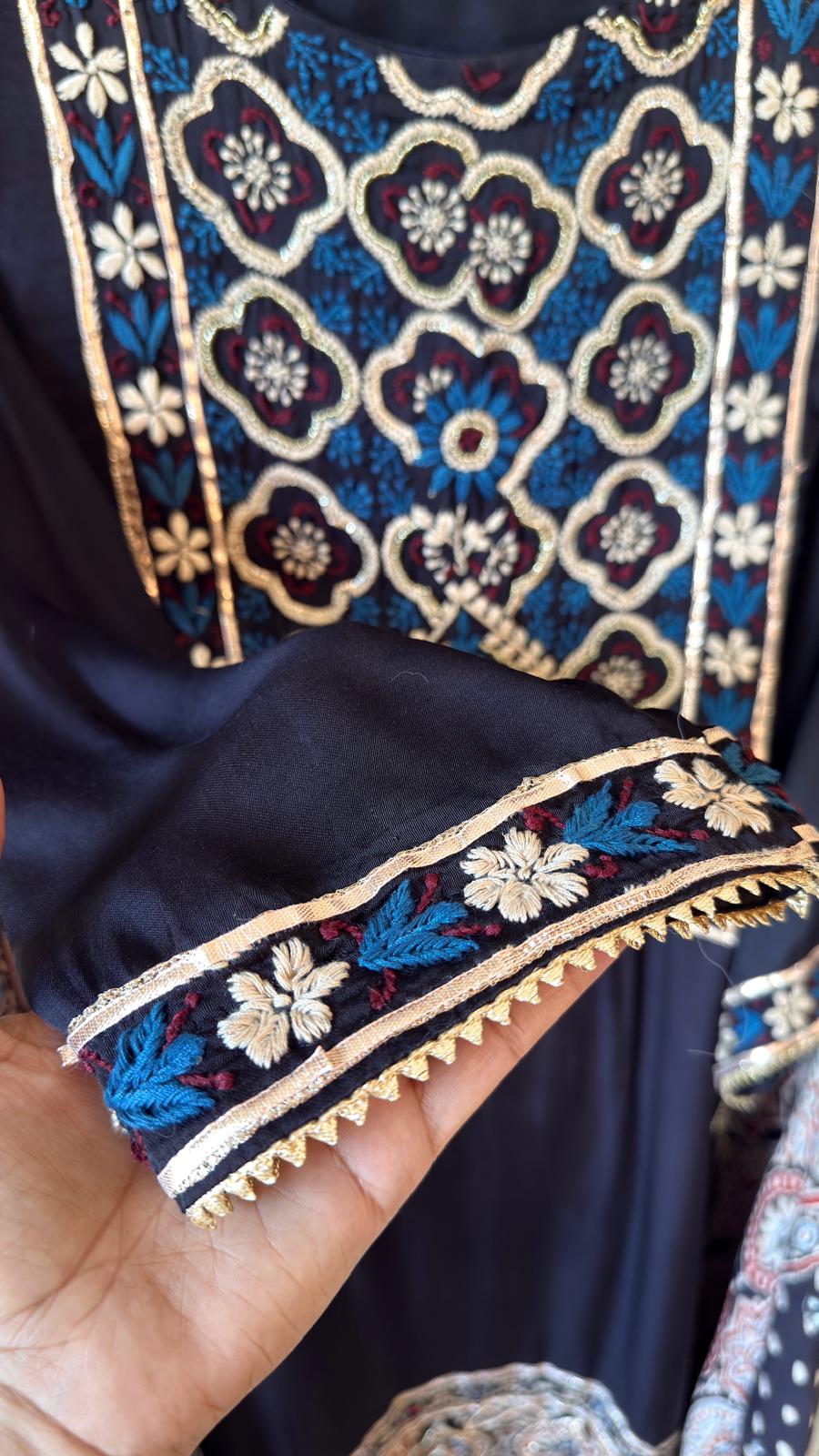 Black Ajrakh & Chikankari Suit Set – A Celebration of Two Timeless Indian Crafts