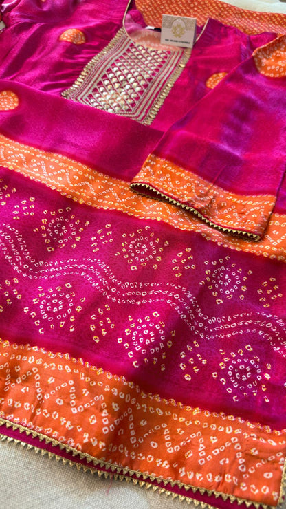 Gajji Silk Bandhani Print Ready to Wear Set- Majenta