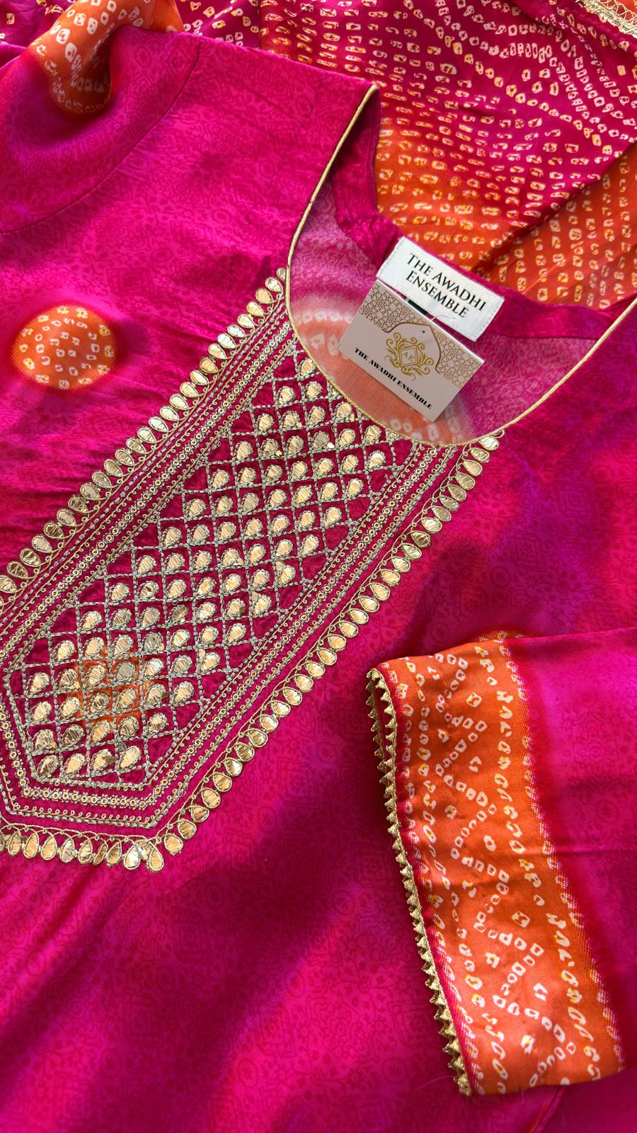Gajji Silk Bandhani Print Ready to Wear Set- Majenta
