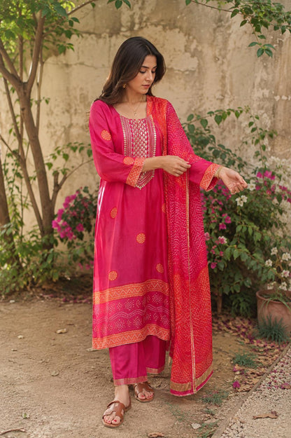 Gajji Silk Bandhani Print Ready to Wear Set- Majenta
