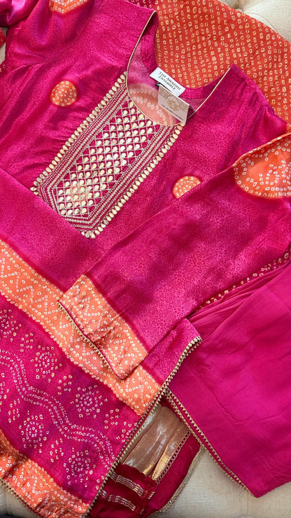 Gajji Silk Bandhani Print Ready to Wear Set- Majenta