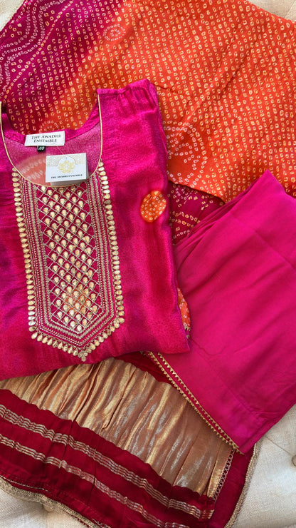Gajji Silk Bandhani Print Ready to Wear Set- Majenta