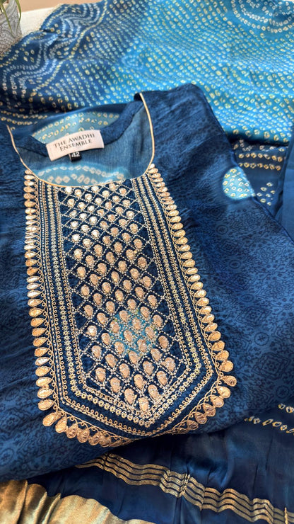 Gajji Silk Bandhani Print Ready to Wear Set in Deep Teal Blue