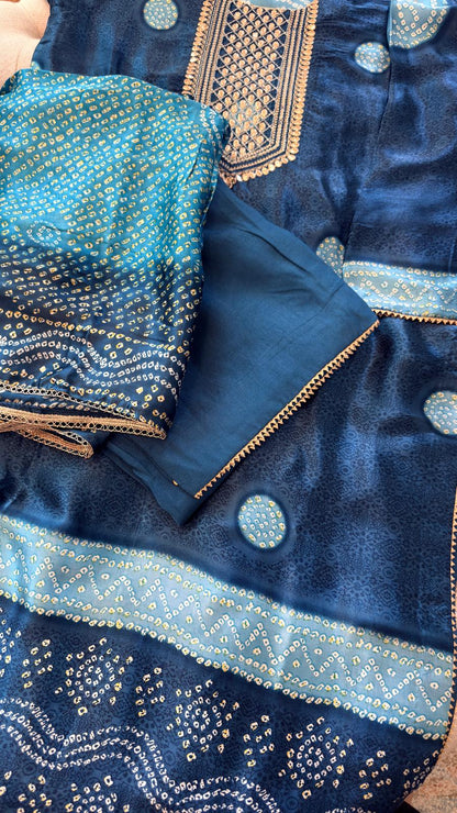 Gajji Silk Bandhani Print Ready to Wear Set in Deep Teal Blue