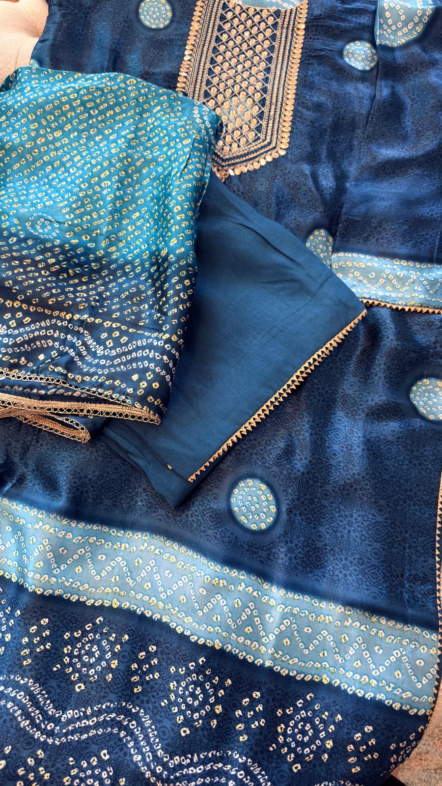 Gajji Silk Bandhani Print Ready to Wear Set in Deep Teal Blue