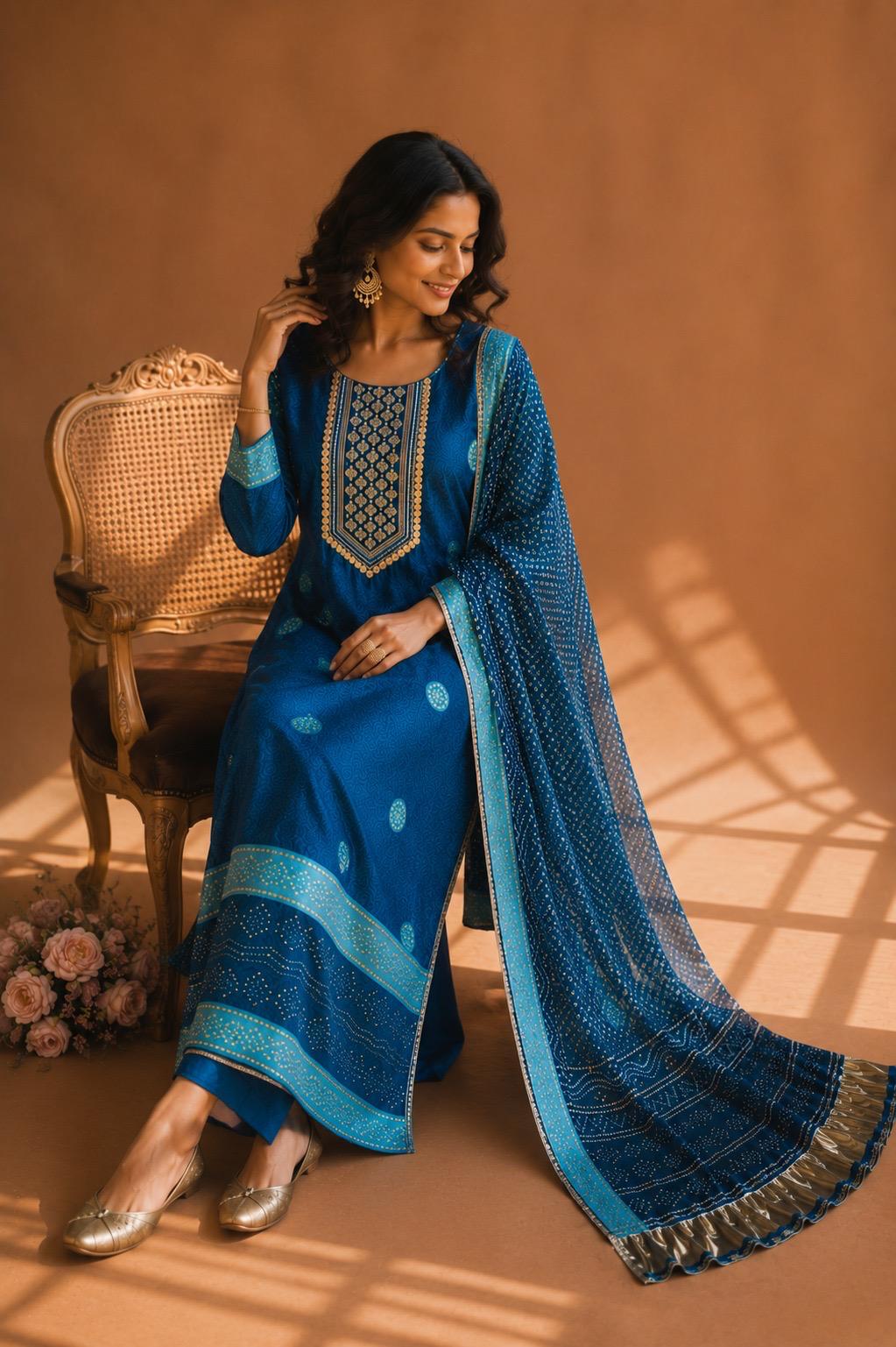 Gajji Silk Bandhani Print Ready to Wear Set in Deep Teal Blue