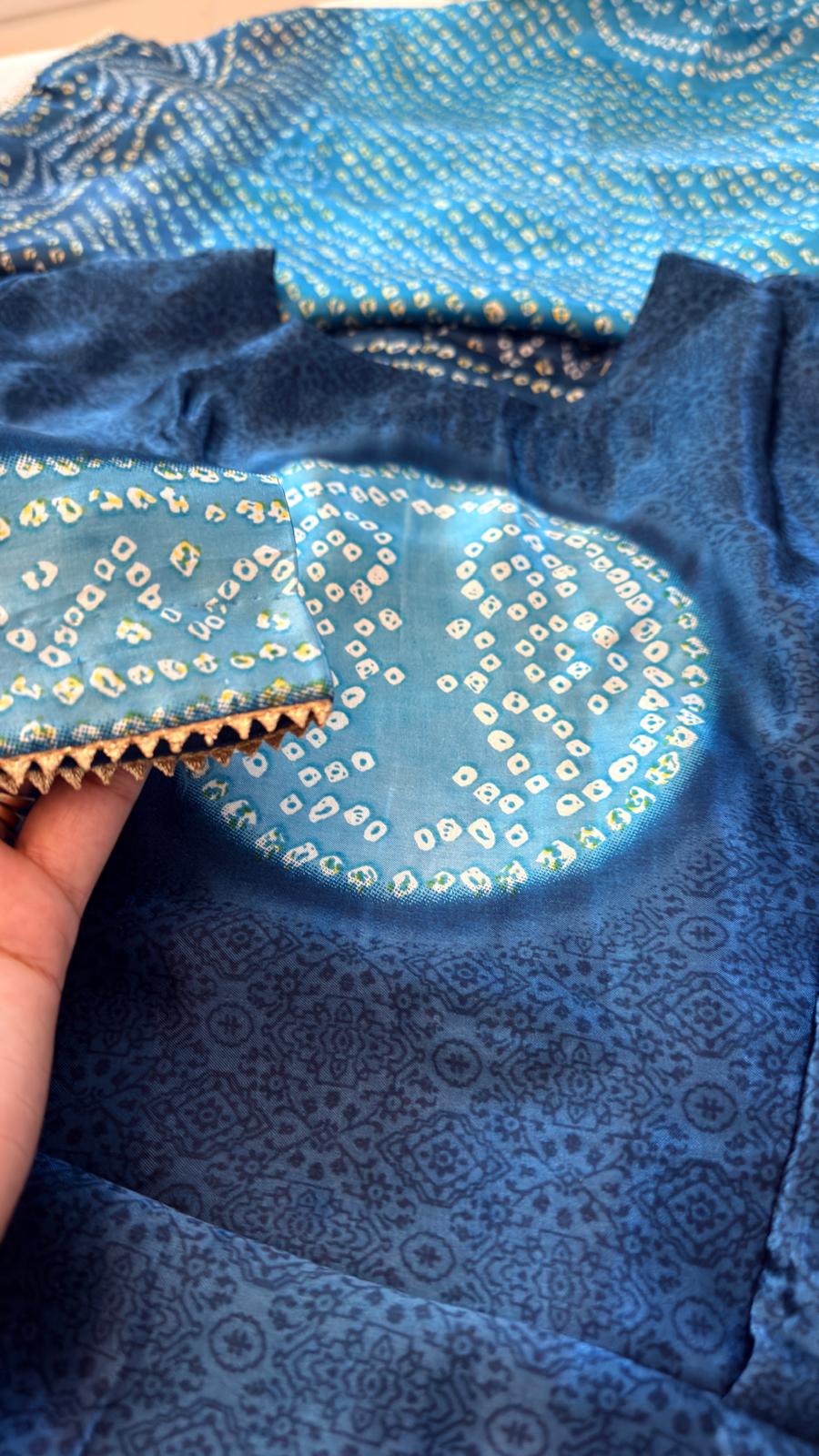 Gajji Silk Bandhani Print Ready to Wear Set in Deep Teal Blue