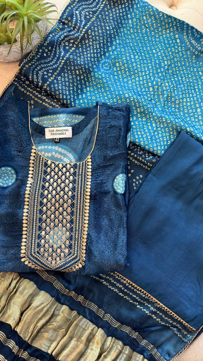 Gajji Silk Bandhani Print Ready to Wear Set in Deep Teal Blue