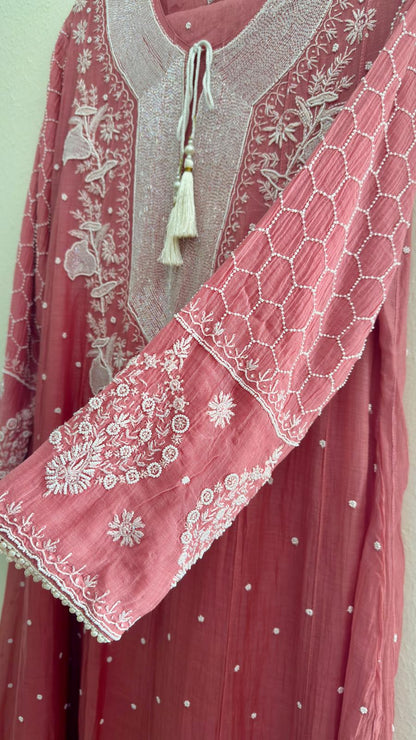 Mul Chanderi Ready to Wear Anarkali in Coral