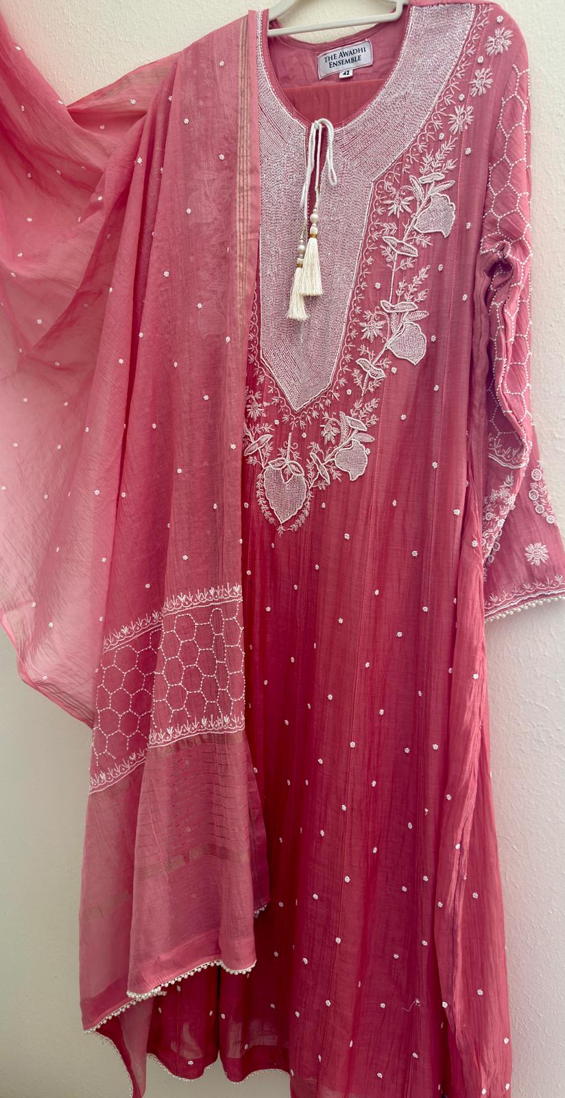 Mul Chanderi Ready to Wear Anarkali in Coral