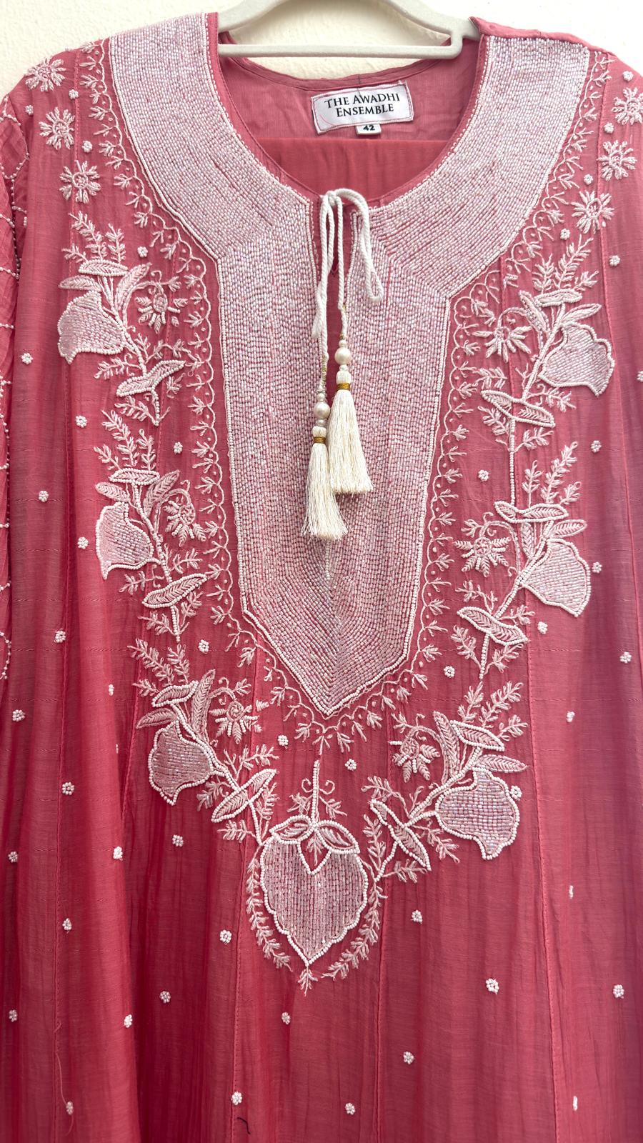 Mul Chanderi Ready to Wear Anarkali in Coral
