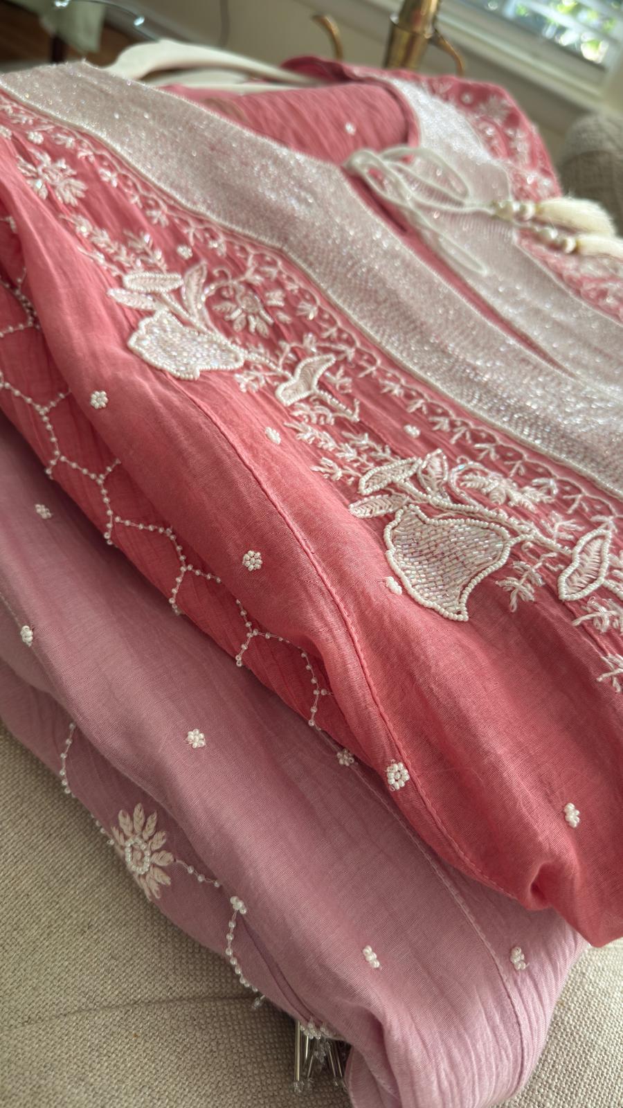 Mul Chanderi Ready to Wear Anarkali in Coral