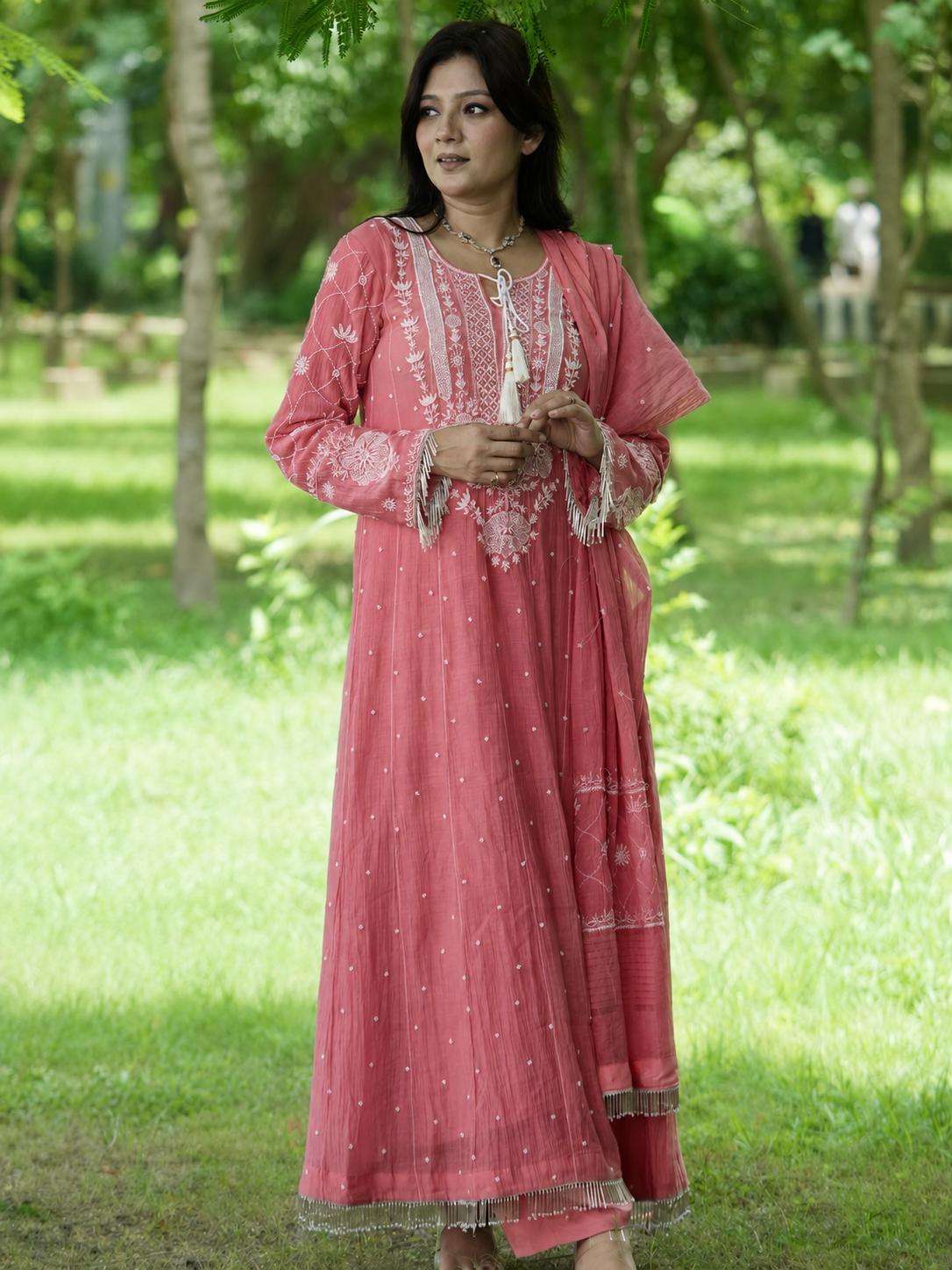 Mul Chanderi Ready to Wear Anarkali in Coral