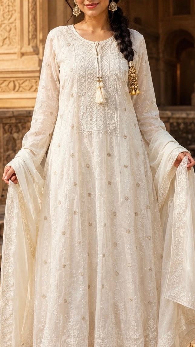 Mul Chanderi Chikankari Anarkali with Banarasi bootis, pearl & cutdana embellishments- Ivory