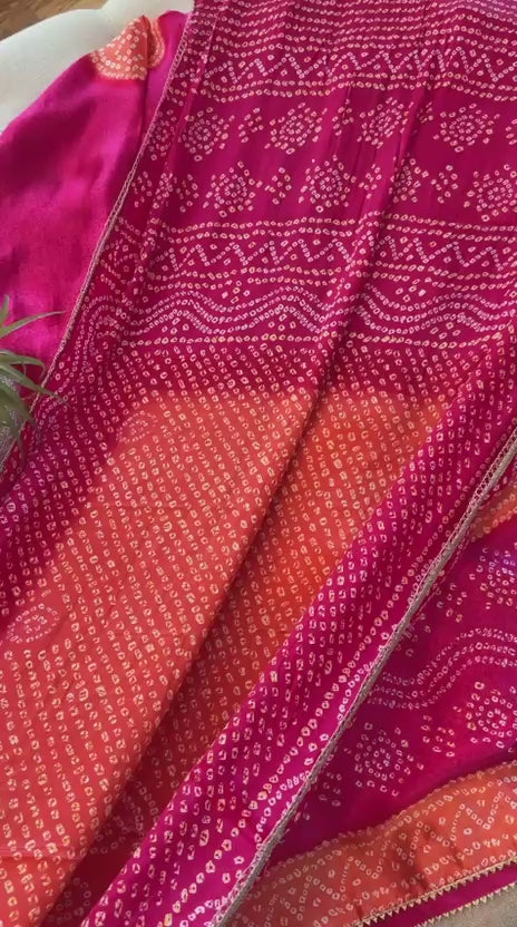 Gajji Silk Bandhani Print Ready to Wear Set- Majenta