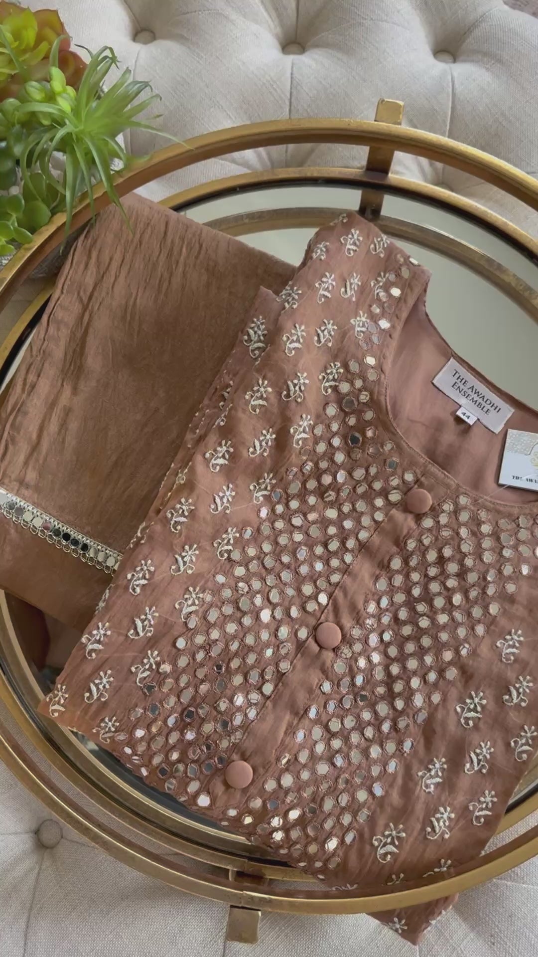 Mul Chanderi Ready to Wear Chikankari Set: Chocolate Brown
