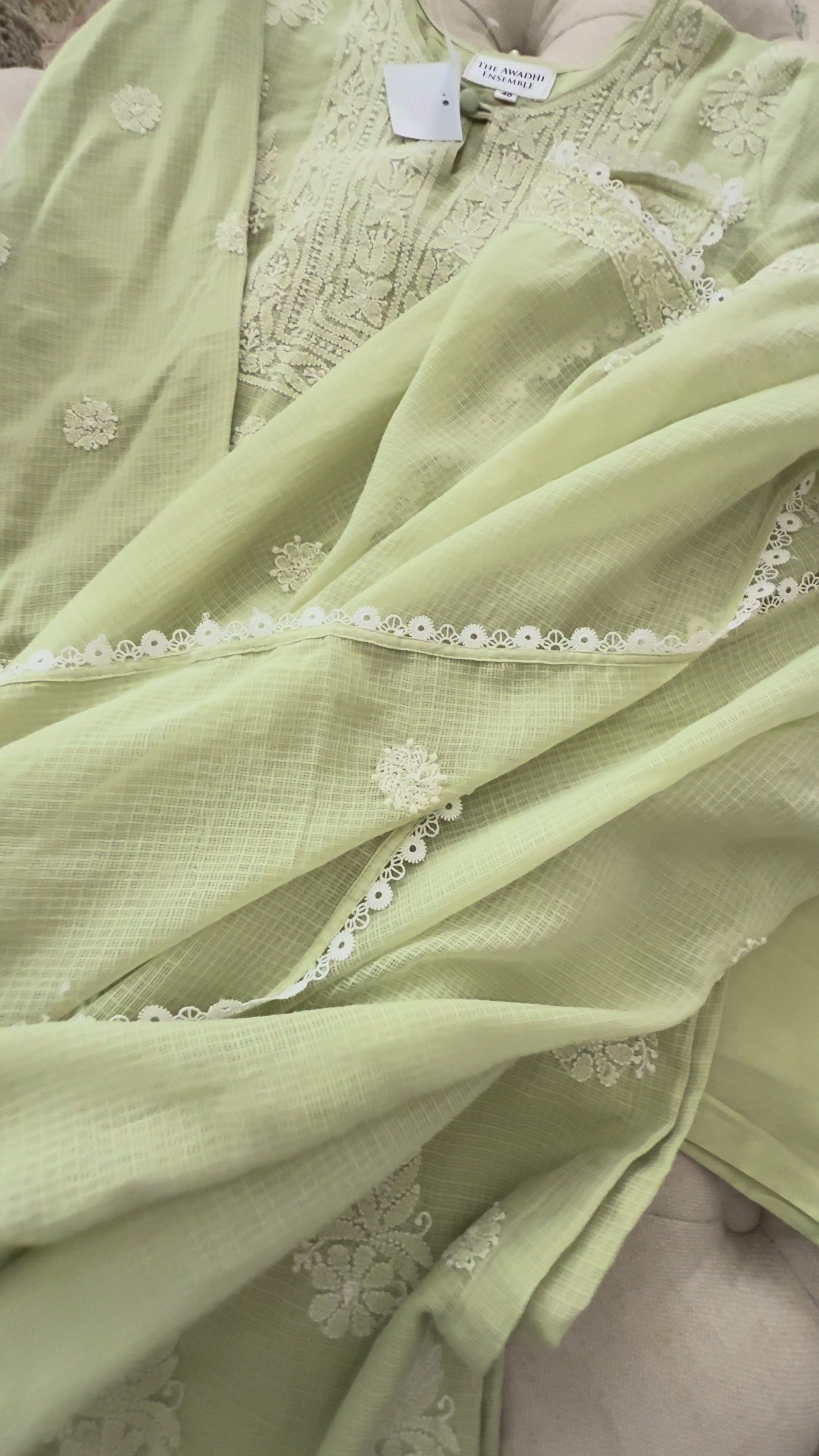 Kota Doriya Chikankari set in a Mint Green