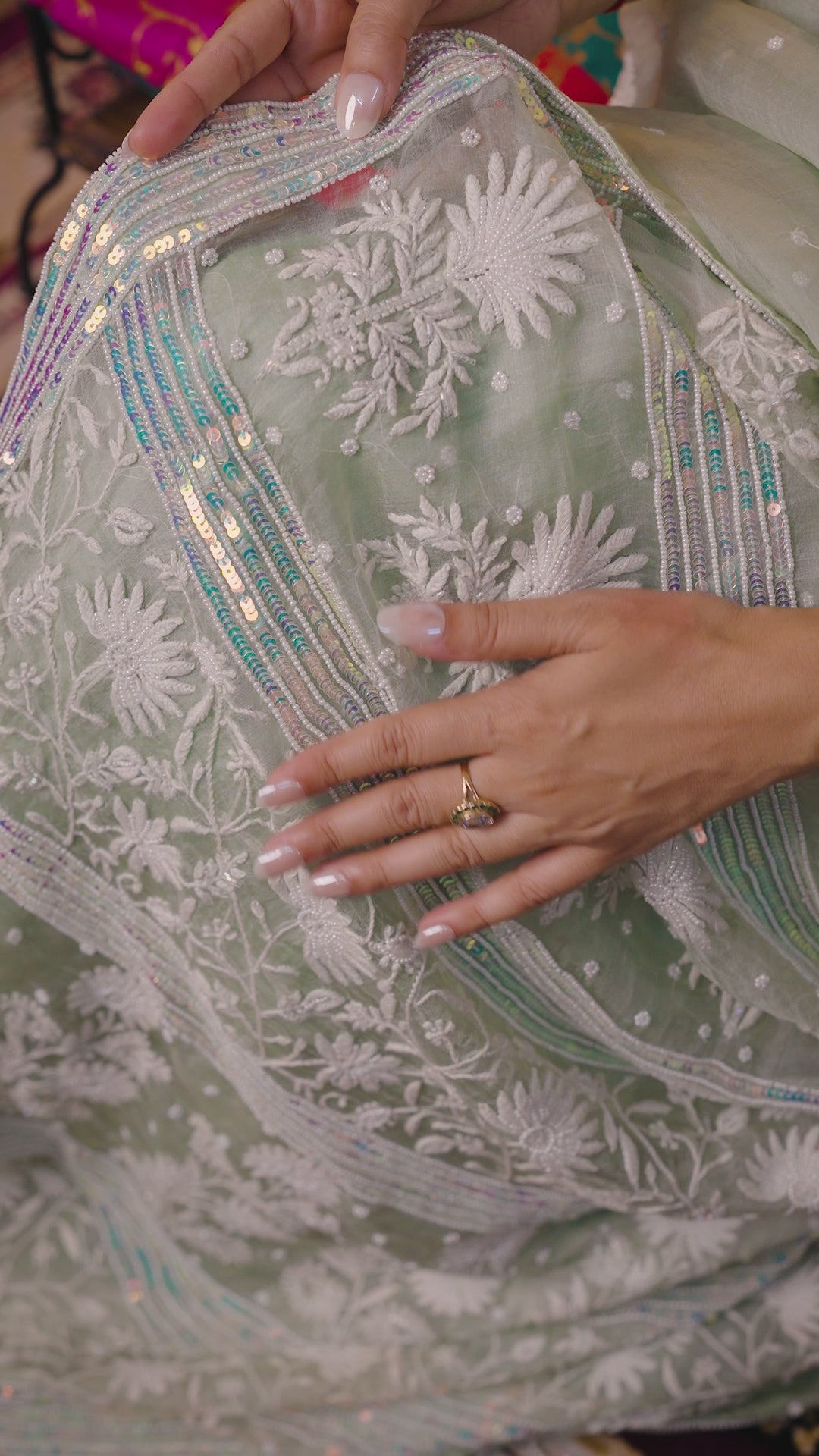 Pure Organza Saree with Chikankari: Pista Green