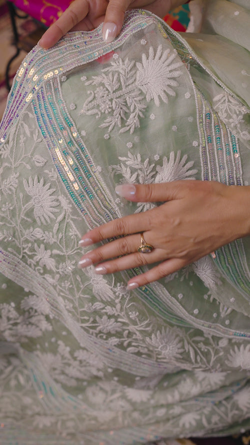 Pure Organza Saree with Chikankari: Pista Green