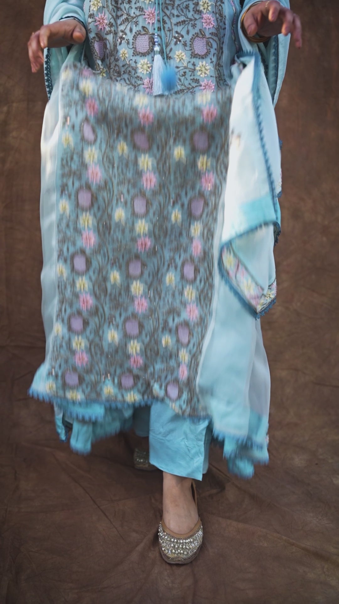 Pure Organza Silk Anarkali Set: Blue