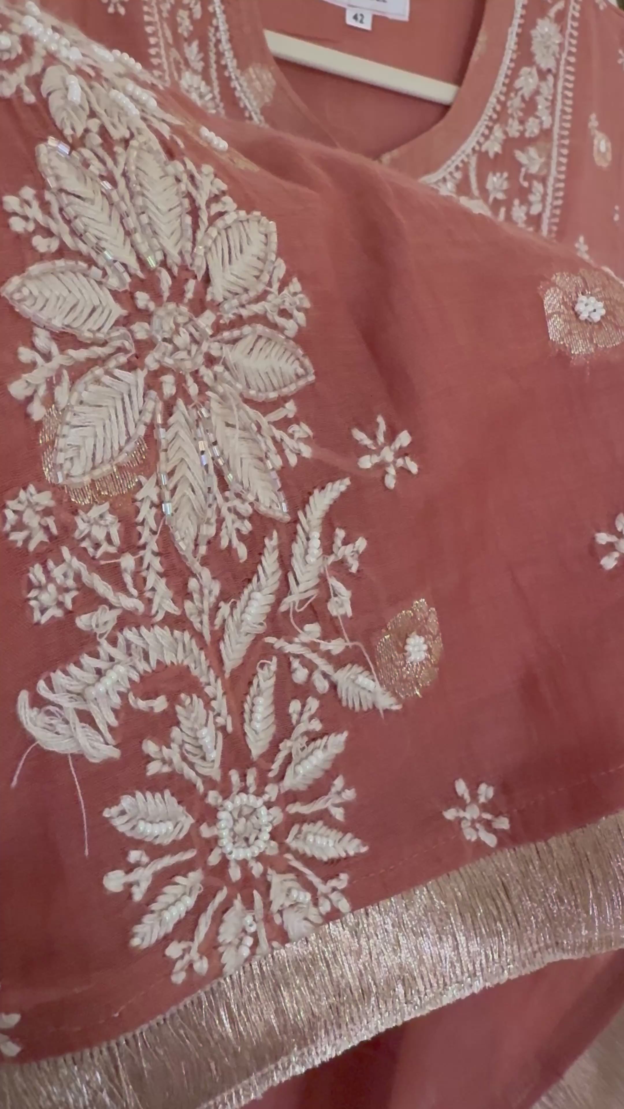 Mul Chanderi Gown Style Chikankari Set with Banarasi Weaving- Ombre Chocolate