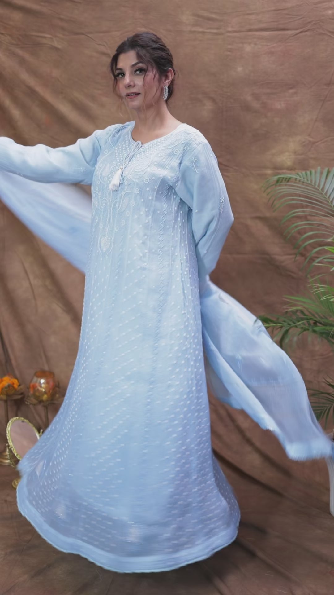 Mul Chanderi Chikankari Anarkali in Powder Blue