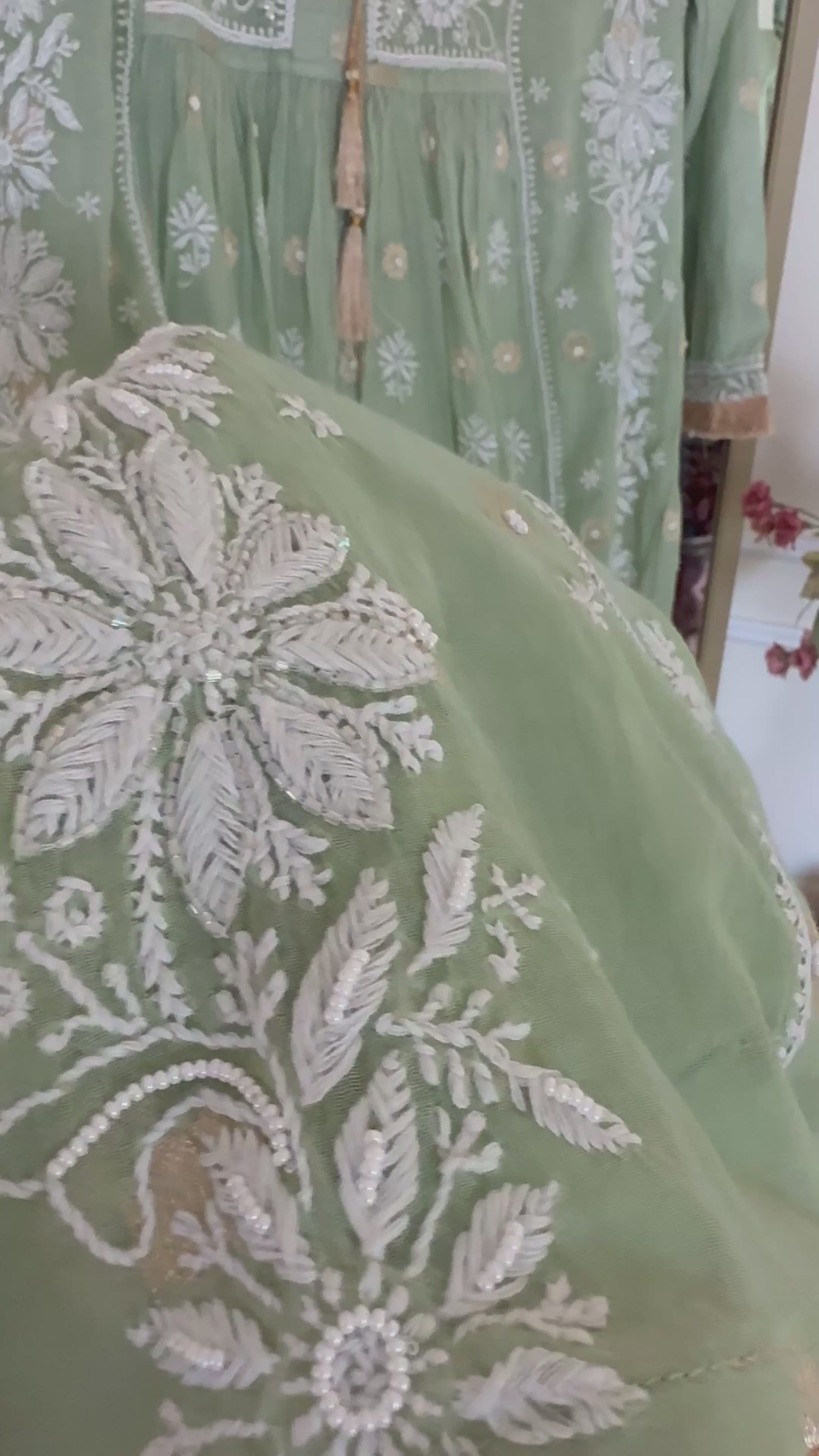 Mul Chanderi Gown Style Chikankari Set with Banarasi Weaving- Light Green