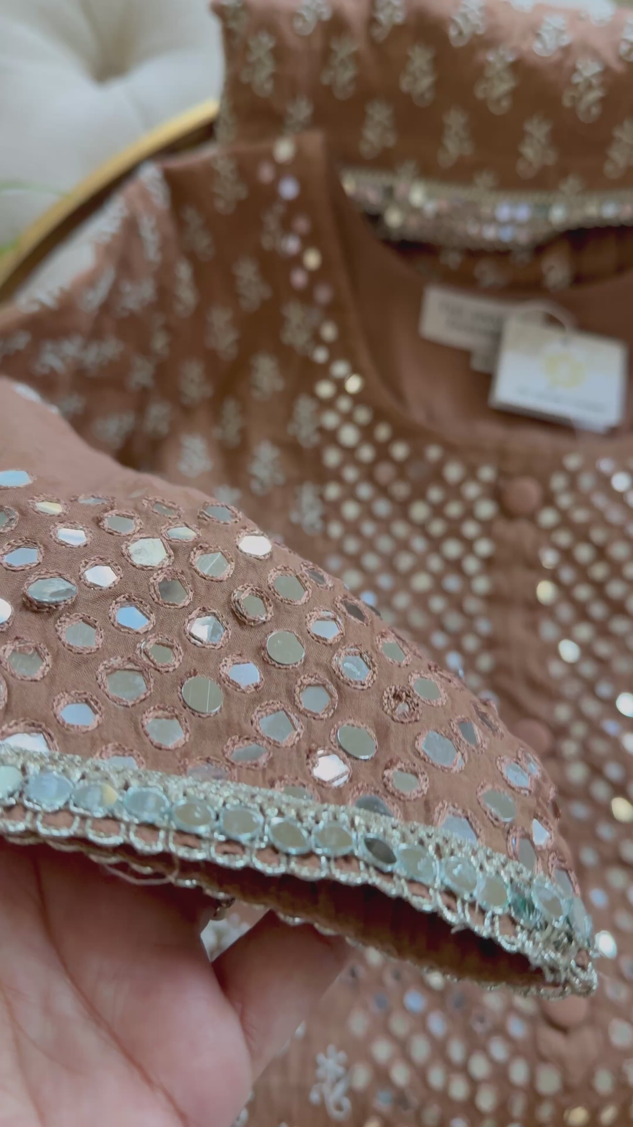 Load video: Mul Chanderi Ready to Wear Chikankari Set: Chocolate Brown